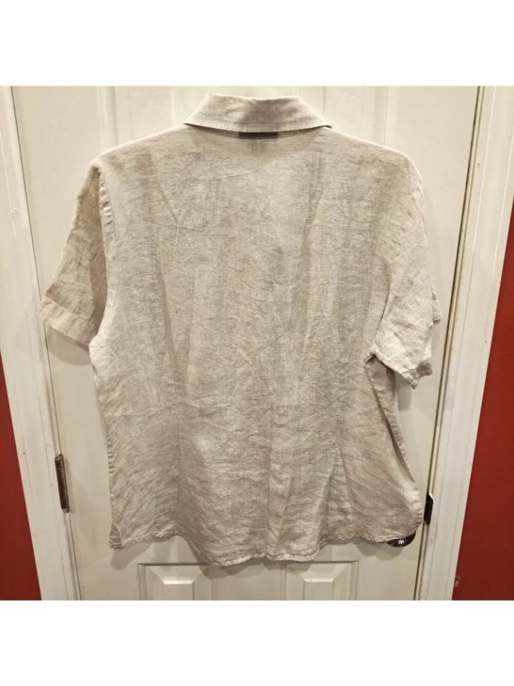 NWT Lands' End Linen Shirt Womens 14 Beige Short Sleeve Button Up Casual Top - Picture 2 of 7